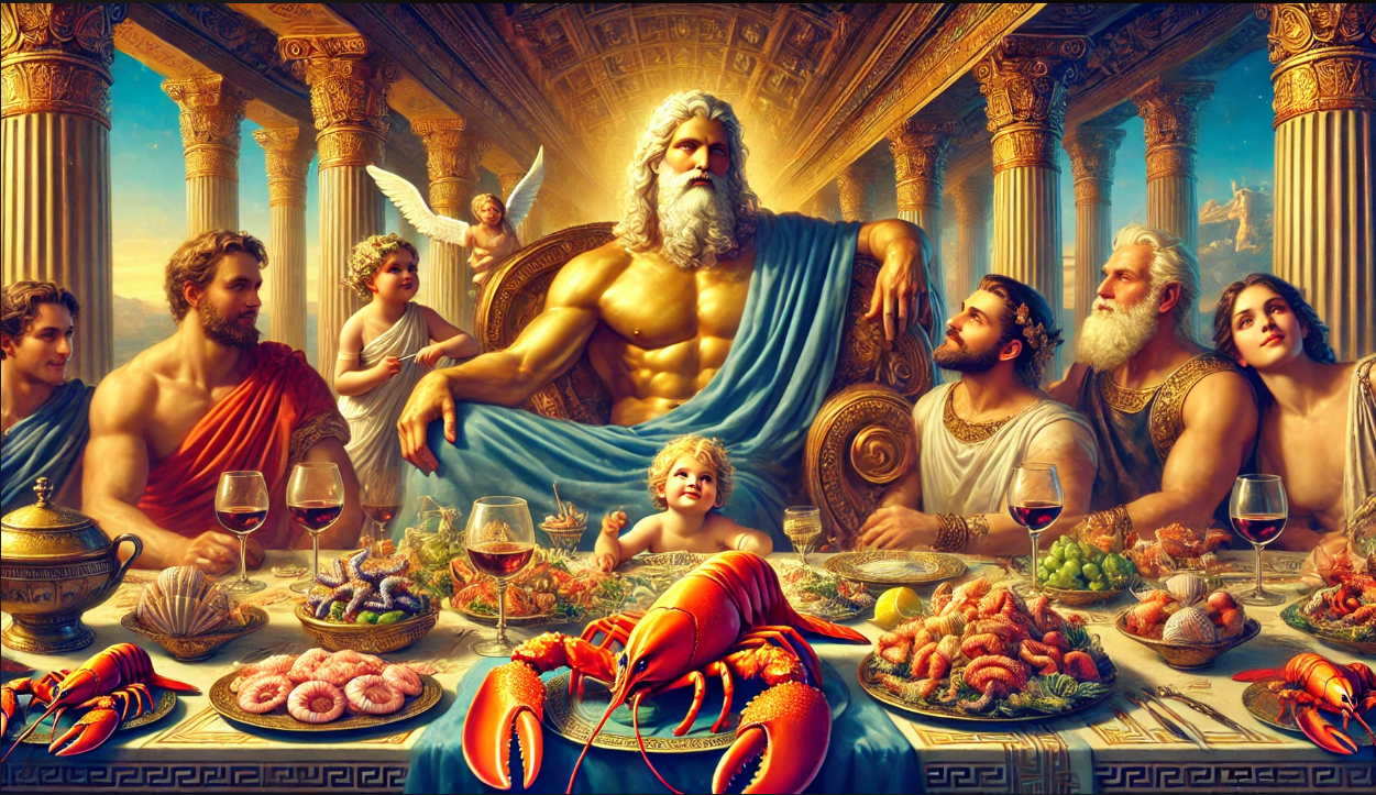 Zeus y Cupido en una mesa degustando alimentos inmundos delante de Jehova